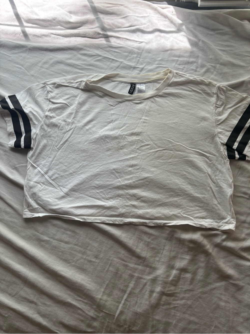 H&M White Cropped Tee with Black Sleeve Stripes